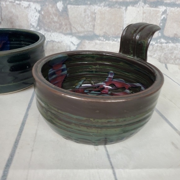Handcrafted Studio Pottery Handled Soup Bowls Multicolored Glaze Set of 2 - Picture 3 of 16